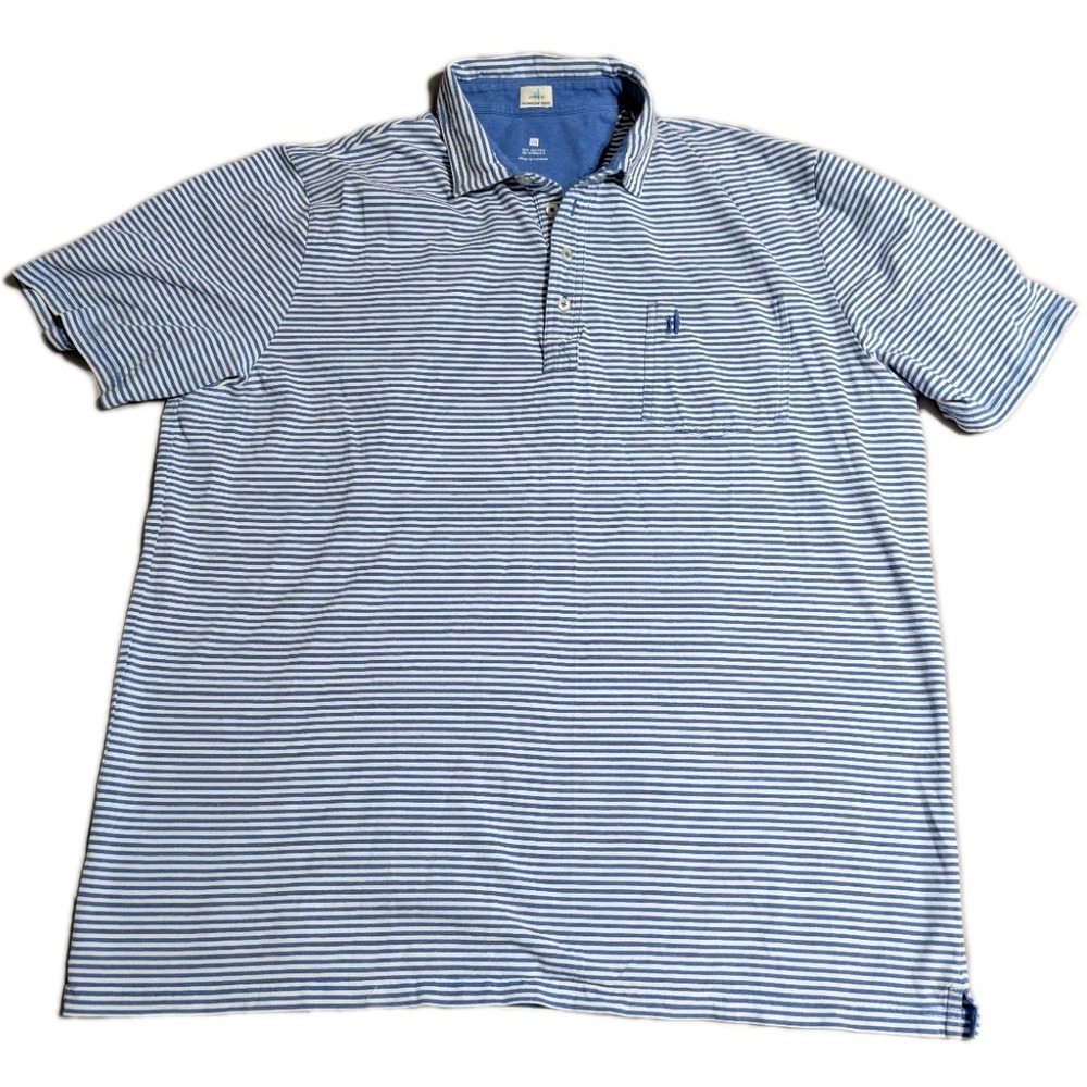 Johnnie-O Hangin Out Polo Shirt Mens XXL Blue White Stripe Surfboard Logo